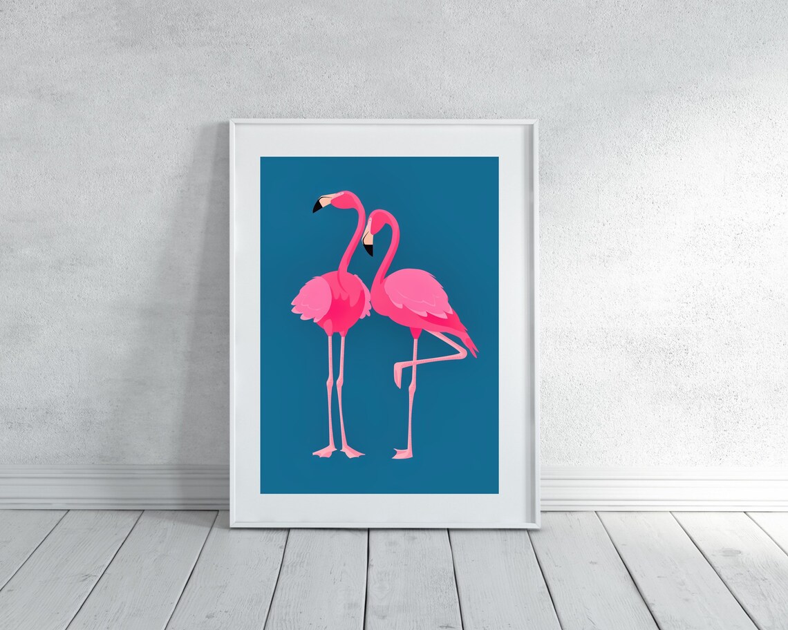 Pink Flamingos on Blue Background, Boho Animal Art Print - Image 2