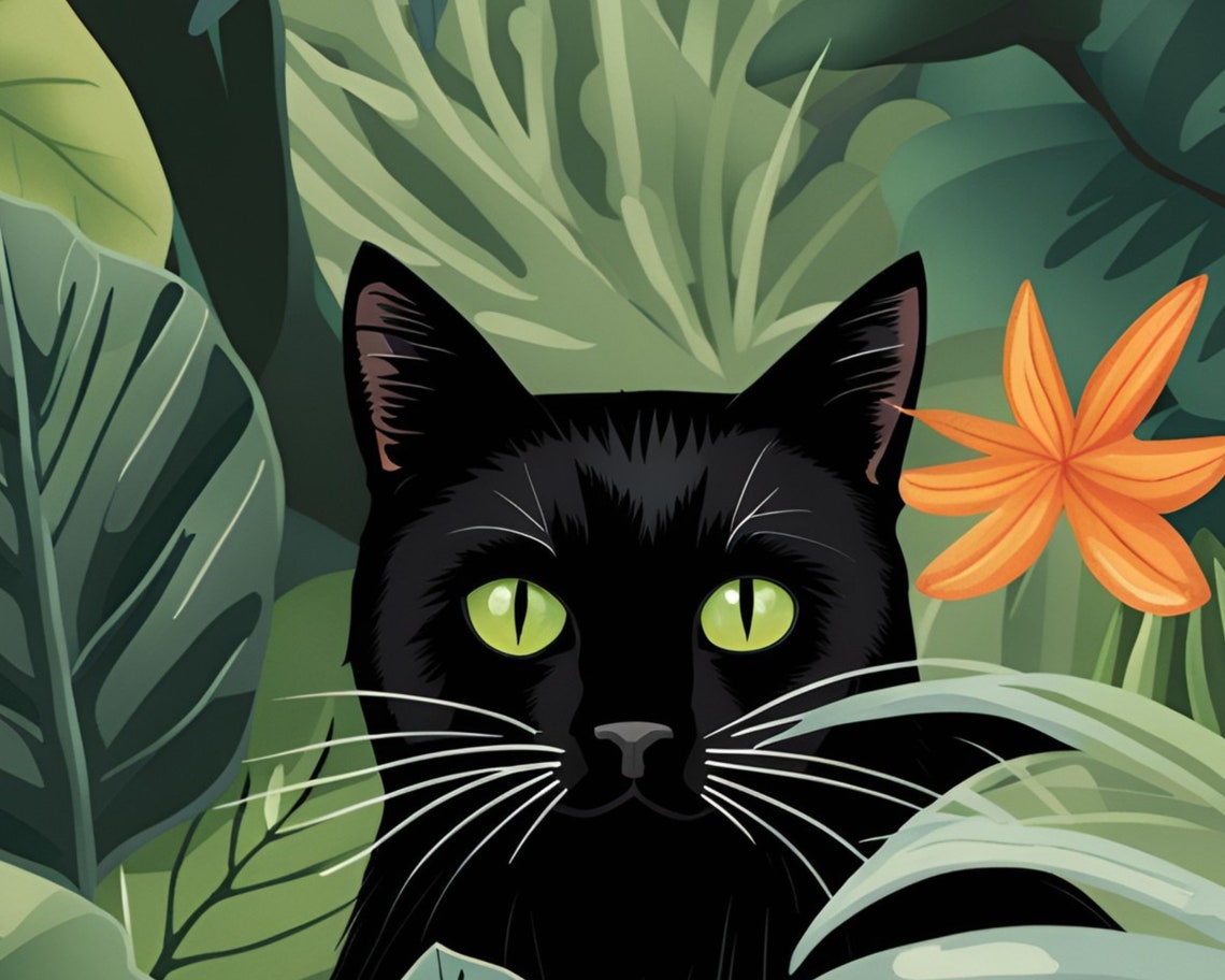 Black Cat With Glowing Green Eyes Peeking Through Leaves Poster - Image 2