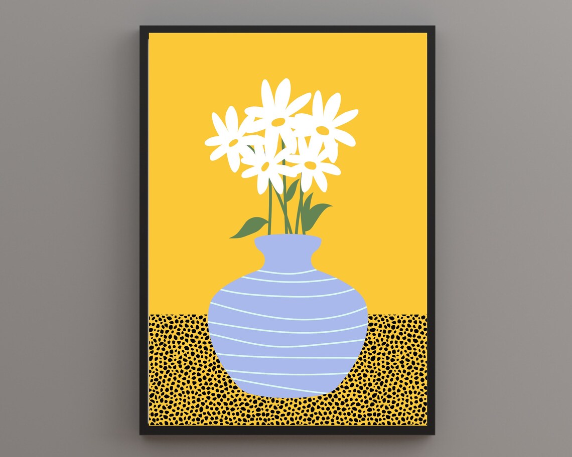 White Daisies In Blue Striped Vase Bright Mustard Yellow Poster