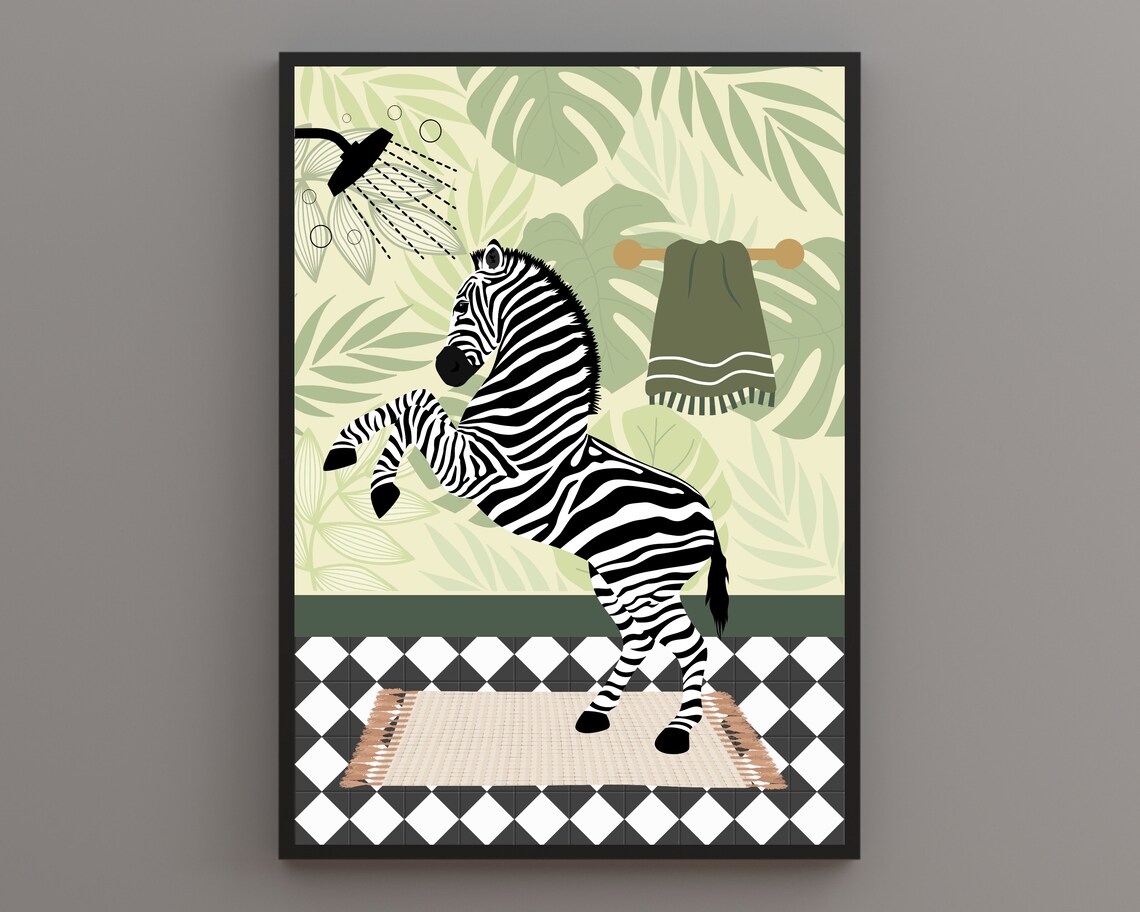 Rearing Zebra Showering In A Green Tropical Leaf Bathroom Poster