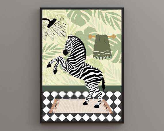 Rearing Zebra Showering In A Green Tropical Leaf Bathroom Poster