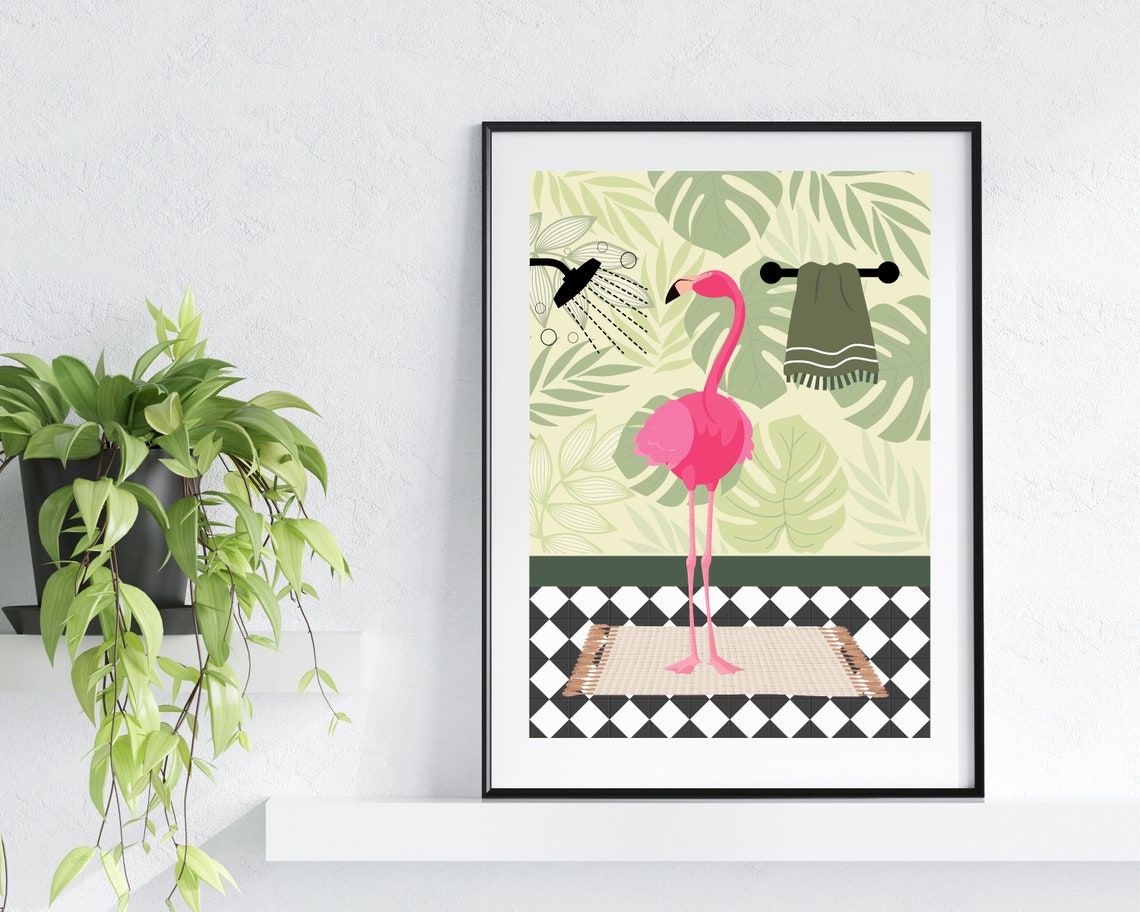 Flamingo In The Shower Flamingo In The Bathroom Print Animal In Bathroom Green Bathroom Print Wild Animal In Shower Funny Animal Print - Image 3