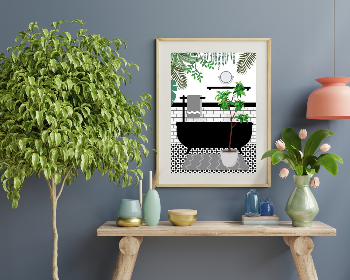 Grey Bathroom Botanical Print, Tiled Walls and Plants - Image 2