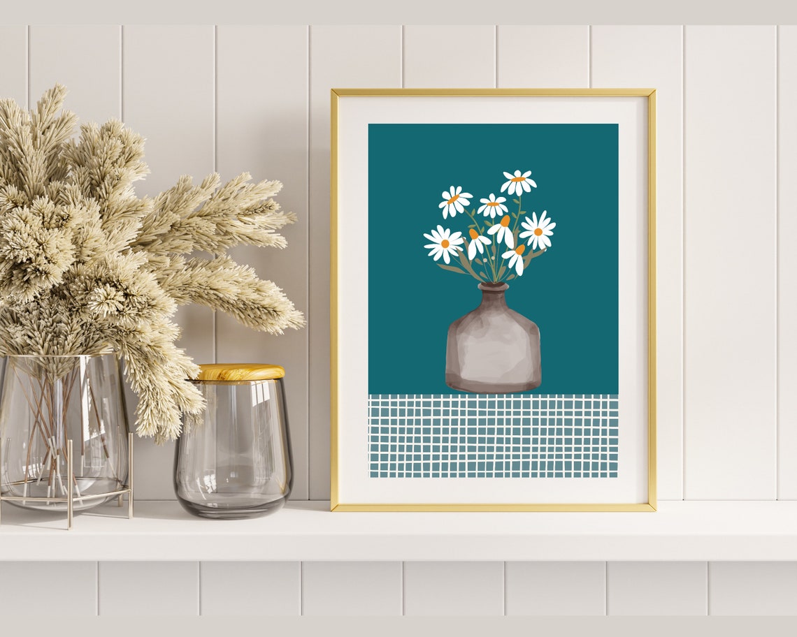 White Daisies In Glass Vase Teal Botanical Tablecloth Poster - Image 2