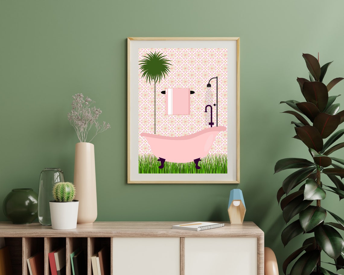 Pink Clawfoot Bathtub With A Palm Tree Botanical Bathroom Poster - Image 2