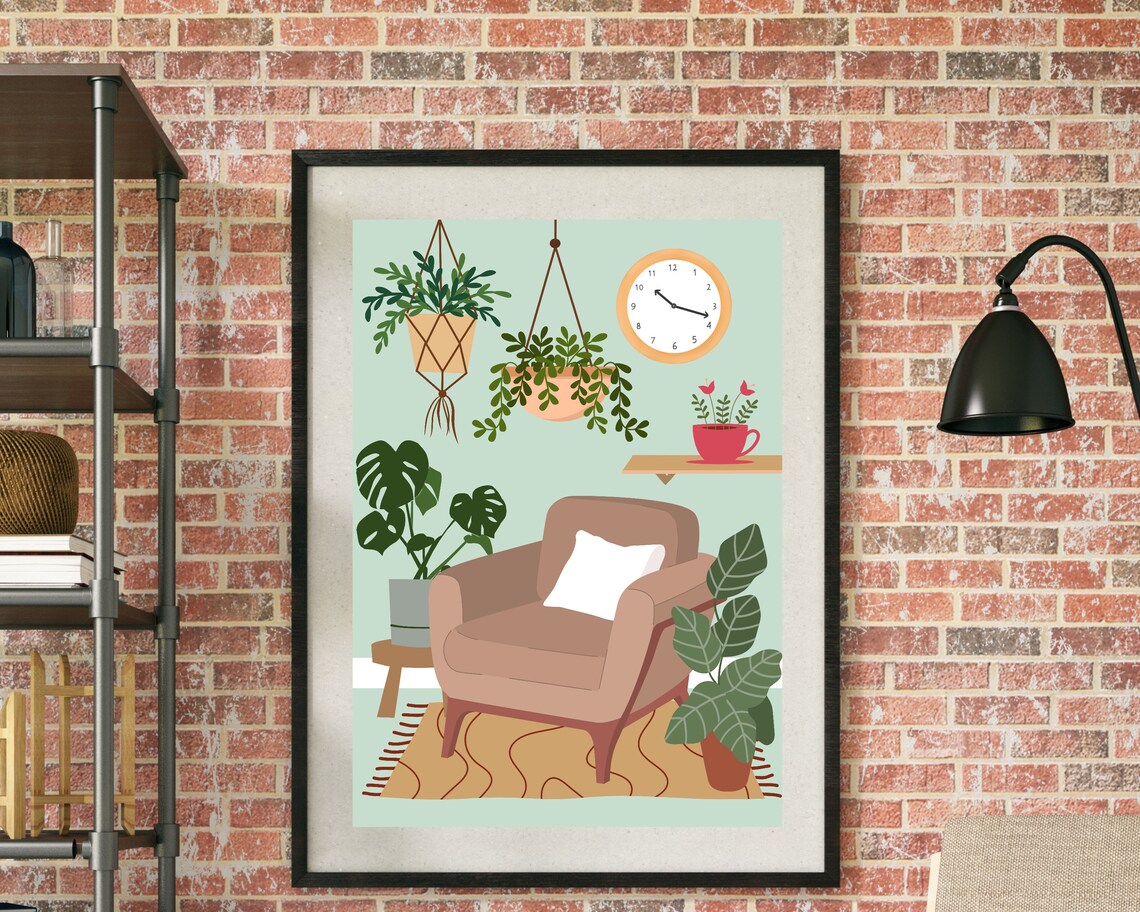 Empty Tan Armchair Among Hanging Plants Minimalist Botanical Poster - Image 2