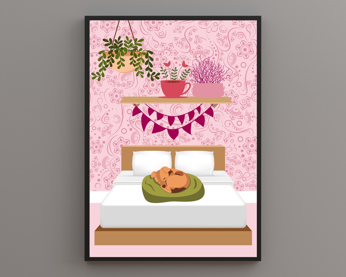 Sleeping Dog Curled Up In Green Pet Bed On Cozy Pink Bedroom Poster