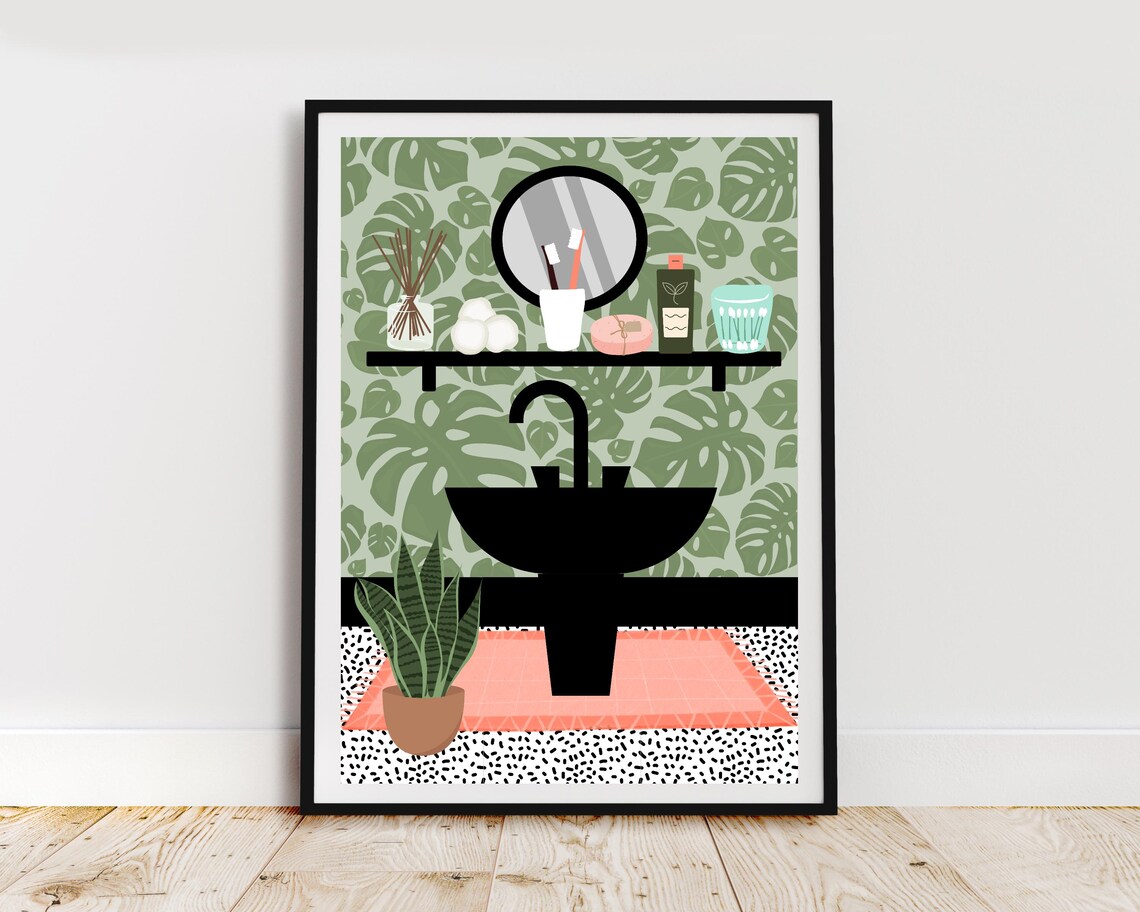 Black Bathroom Sink With Monstera Wallpaper And Plants Print - Image 2
