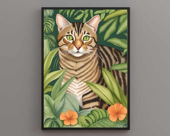 Striped Tabby Cat With Vivid Green Eyes in Jungle Leaves Poster