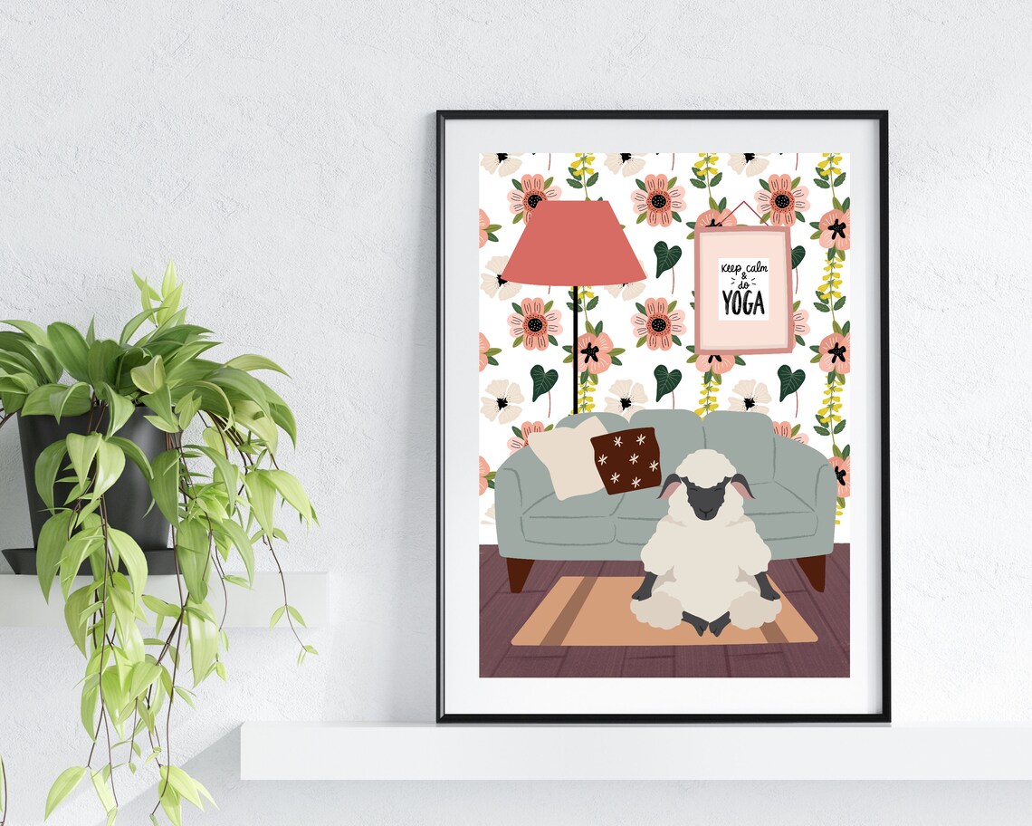Sheep Meditating on Rug by Grey Sofa Funny Yoga Animal Poster - Image 2