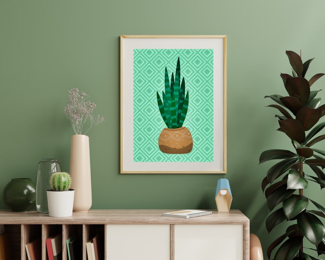 Tall Striped Snake Plant In A Decorated Clay Pot Mint Green Poster - Image 3