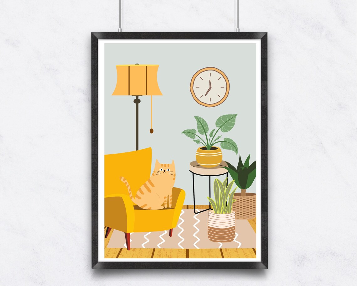 Ginger Tabby Cat on Yellow Armchair Cute Botanical Living Room Poster - Image 2