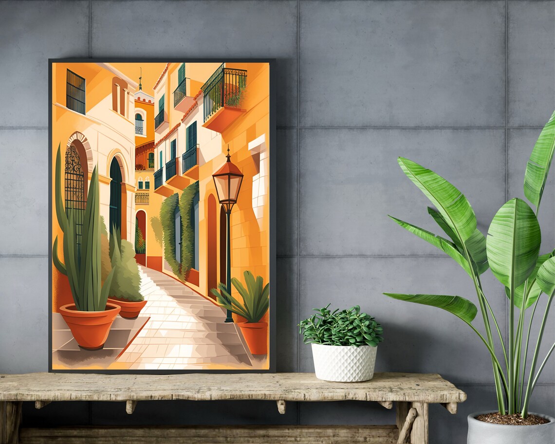 Seville Golden Alley With Balconies Lamppost Orange Trees Poster - Image 2