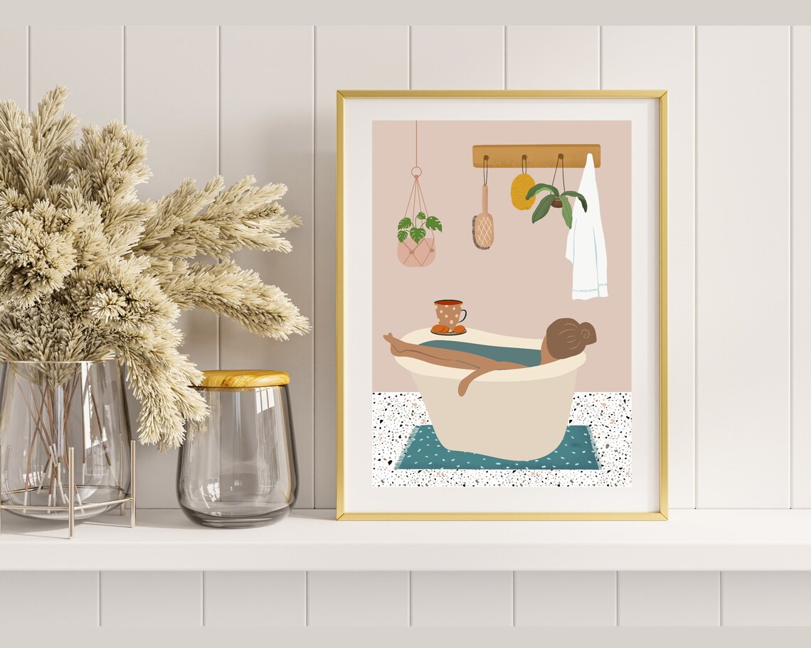Woman Relaxing In A Bathtub With Tea Warm Beige Bathroom Print - Image 2