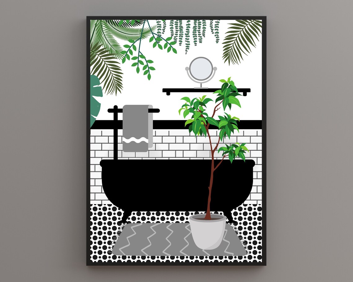 Grey Bathroom Botanical Print, Tiled Walls and Plants
