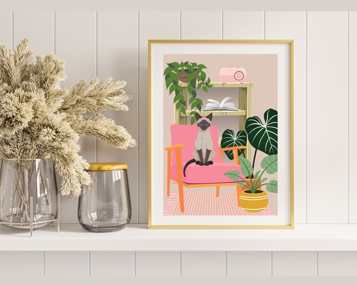 Siamese Cat on Pink Chair with Bookcase Cute Botanical Animal Poster - Image 2