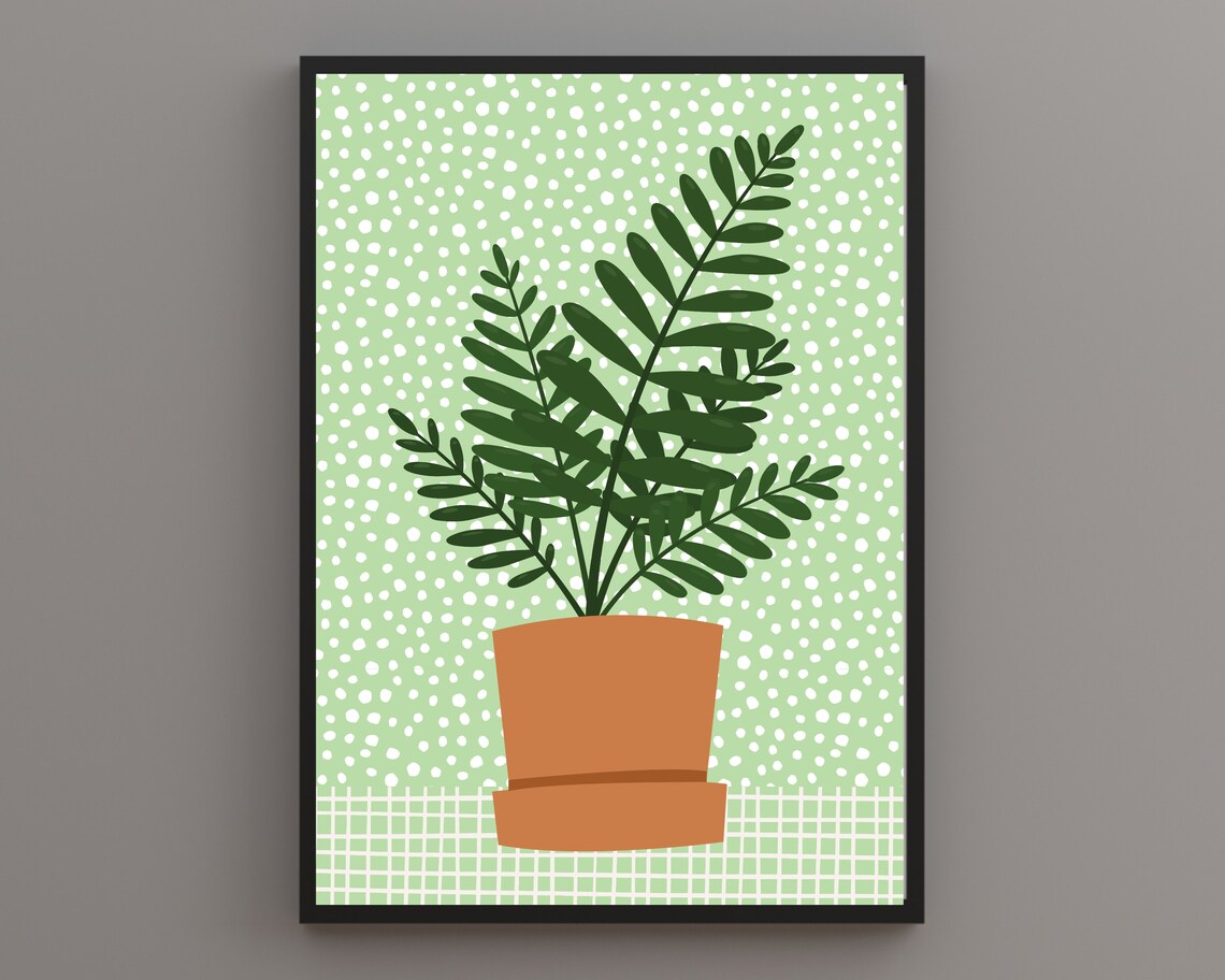 Green Fern In A Terracotta Pot On A Polka Dot Botanical Print