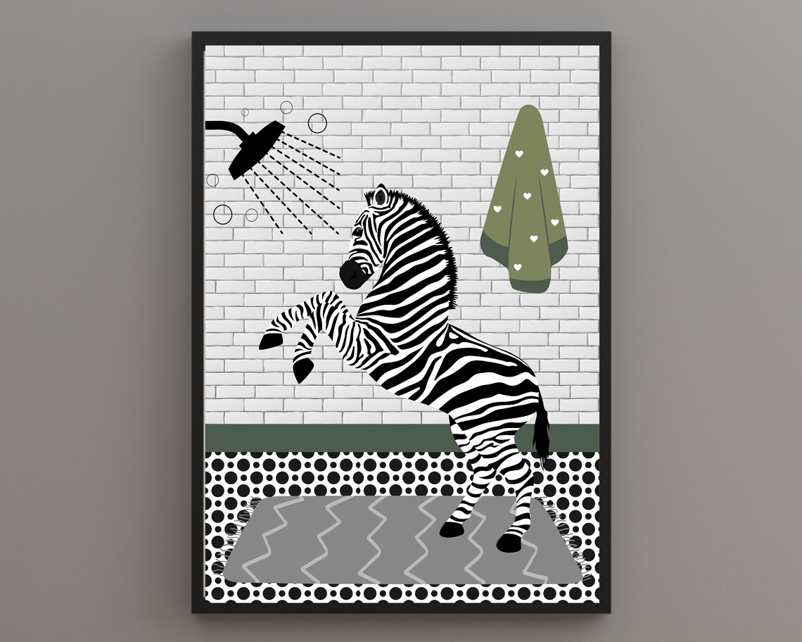 Zebra In A White Brick Bathroom With A Green Heart Towel Print