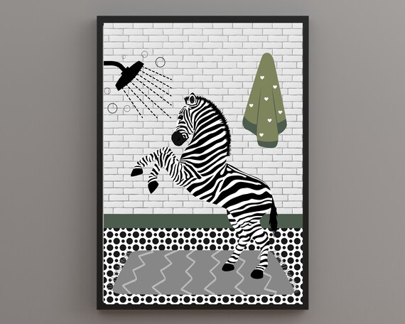 Zebra In A White Brick Bathroom With A Green Heart Towel Print