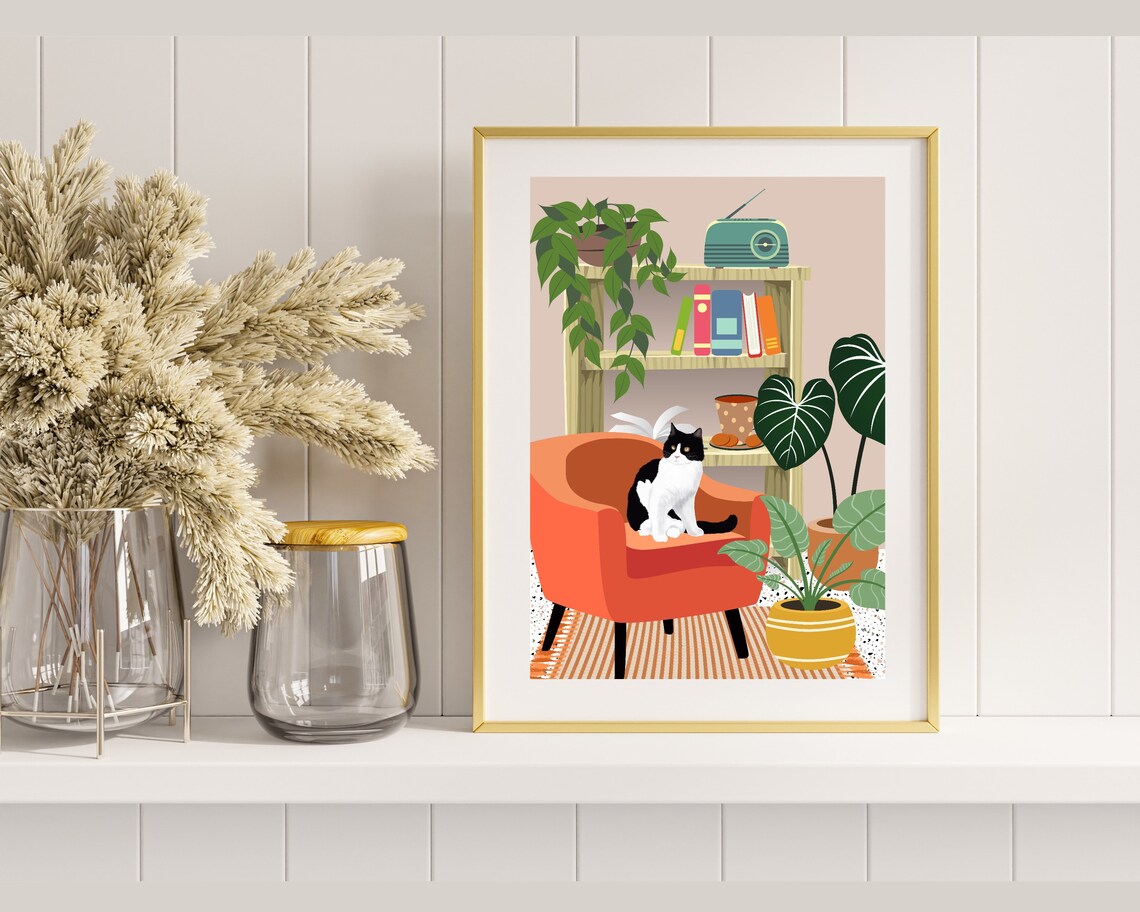 Black and White Cat on Orange Armchair Cute Bookcase Cat Poster - Image 2