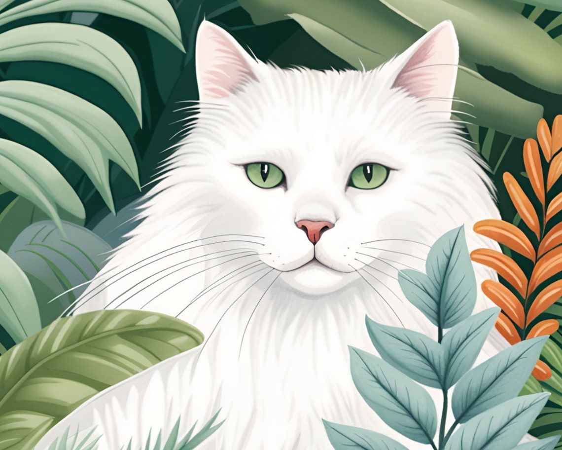Fluffy White Longhair Cat With Striking Green Eyes in Leaves Poster - Image 2