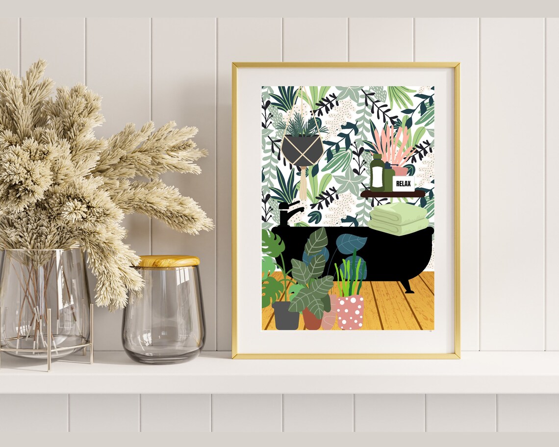 Black Bathtub With Tropical Plants On A Warm Wooden Floor Poster - Image 2