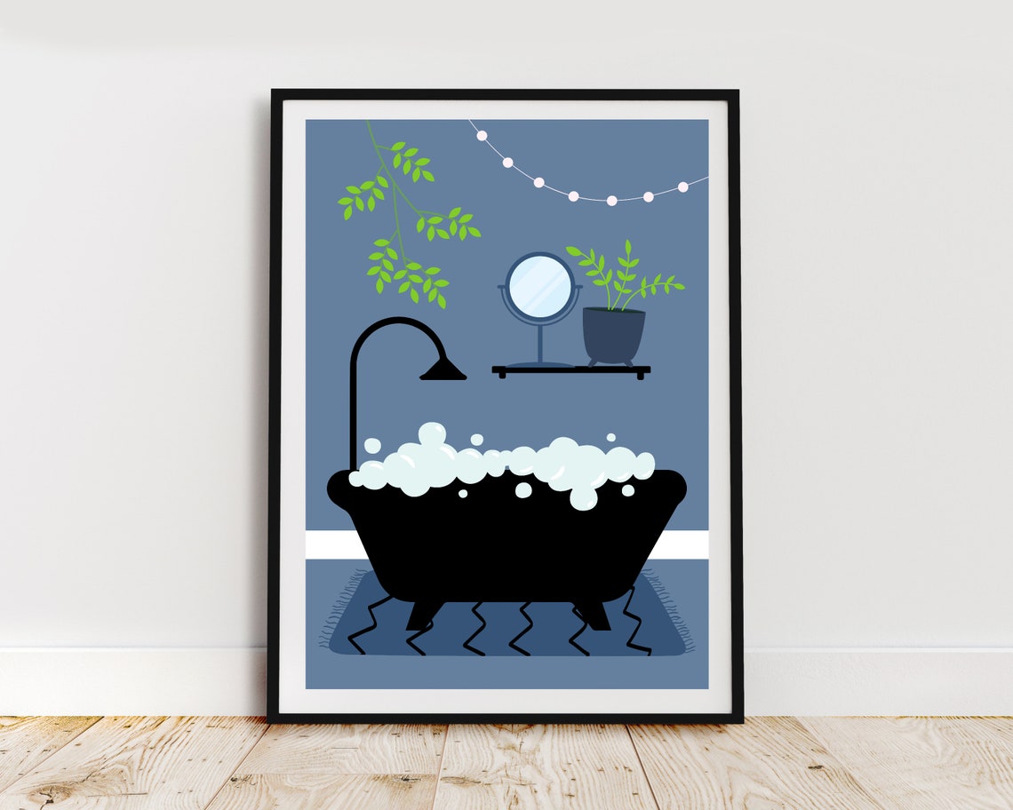 Bubble Bath In A Black Tub With Glowing String Lights Blue Print - Image 2