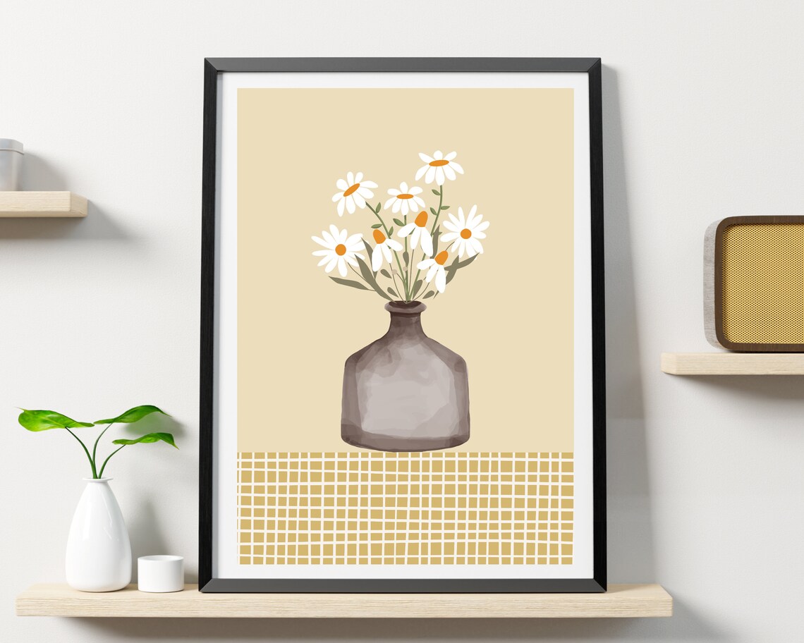 White Daisies In Glass Vase Cream Yellow Botanical Tablecloth Poster - Image 3