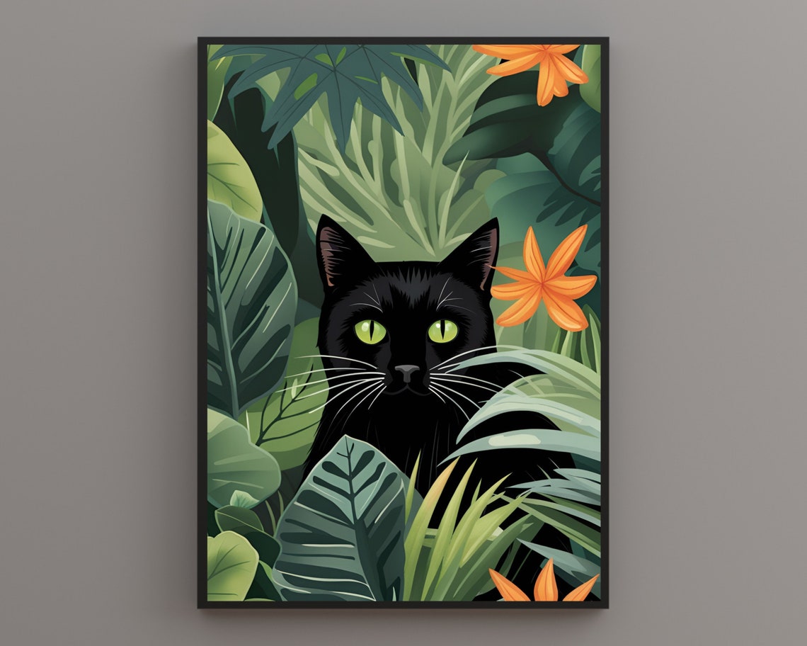 Black Cat With Glowing Green Eyes Peeking Through Leaves Poster