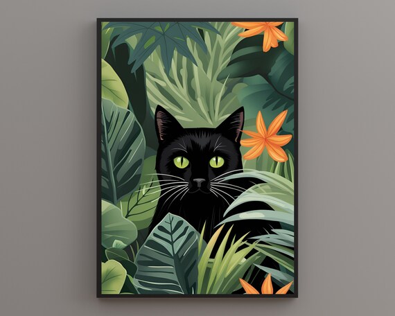 Black Cat With Glowing Green Eyes Peeking Through Leaves Poster