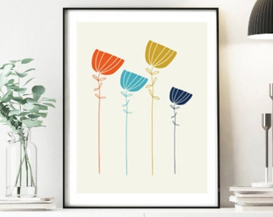 Mid Century Modern Minimalist Tulip Flowers Scandinavian Wall Art