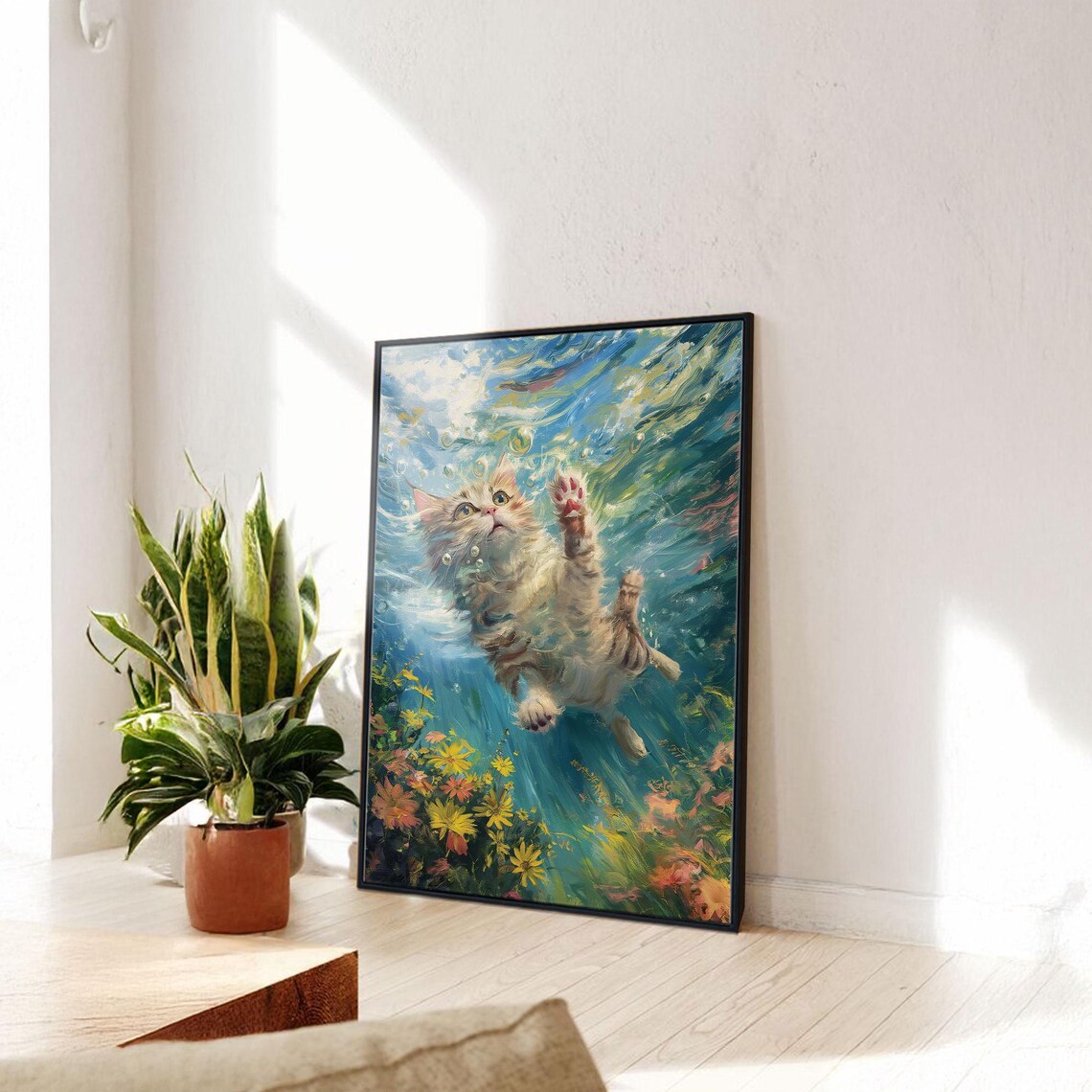 Funny Cat Swimming Underwater Among Flowers Whimsical Poster - Image 3