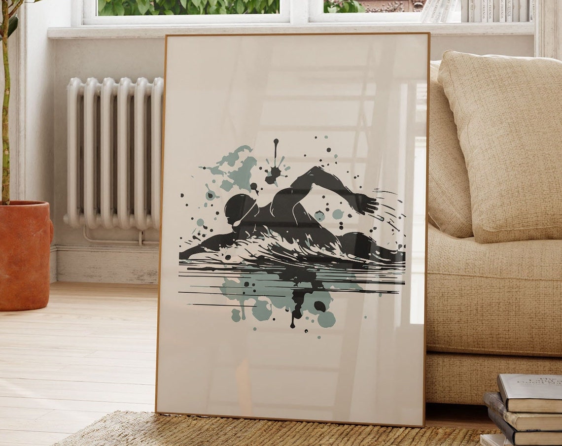 Freestyle Swimmer Silhouette Blue Splash Bold Sports Wall Art - Image 2