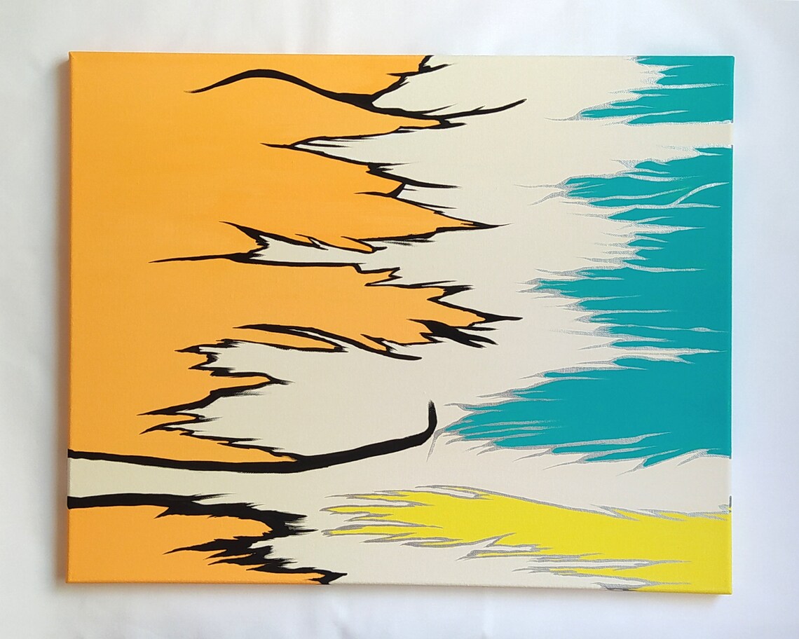 Orange Sunset Teal Wave Gold Streaks Abstract Ocean Painting Print - Image 3