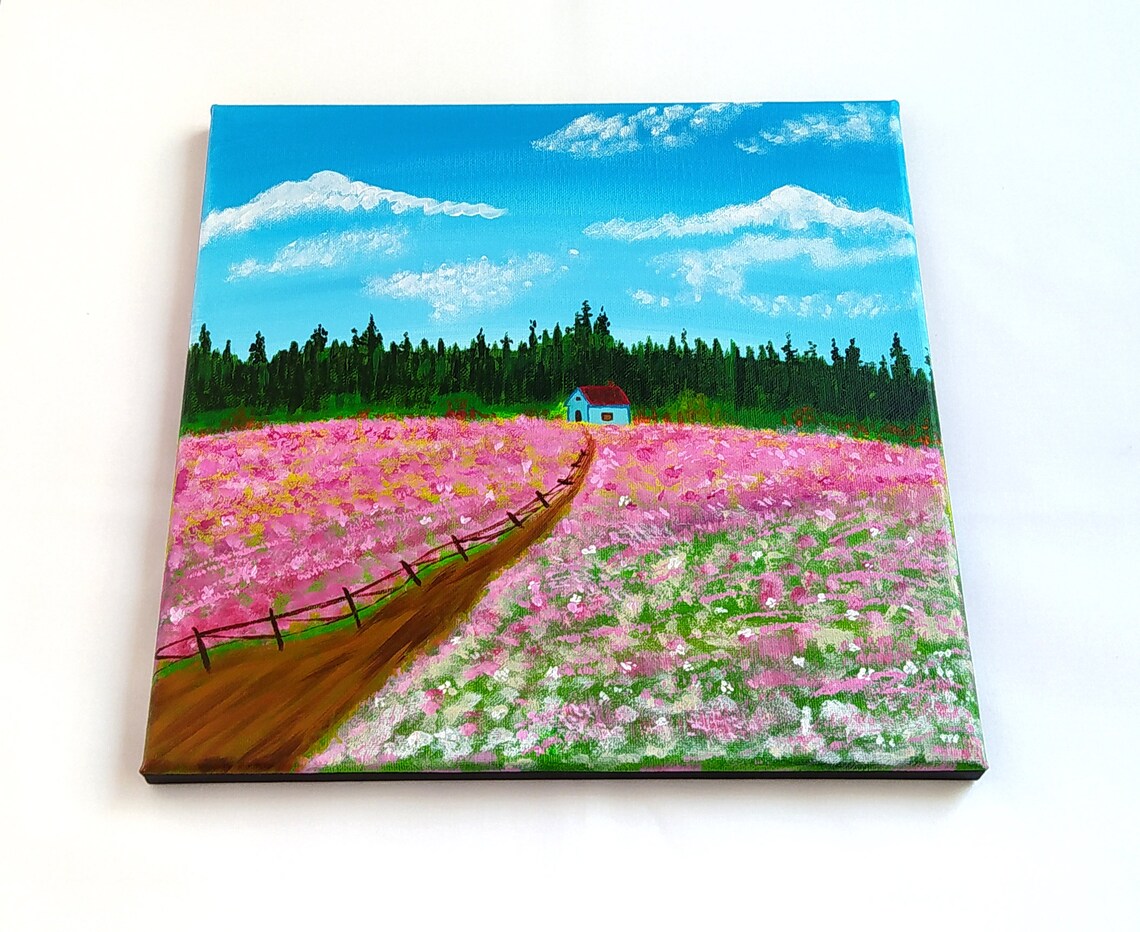 Pink Flower Field Blue House Red Roof Pine Forest Sky Painting Print - Image 2