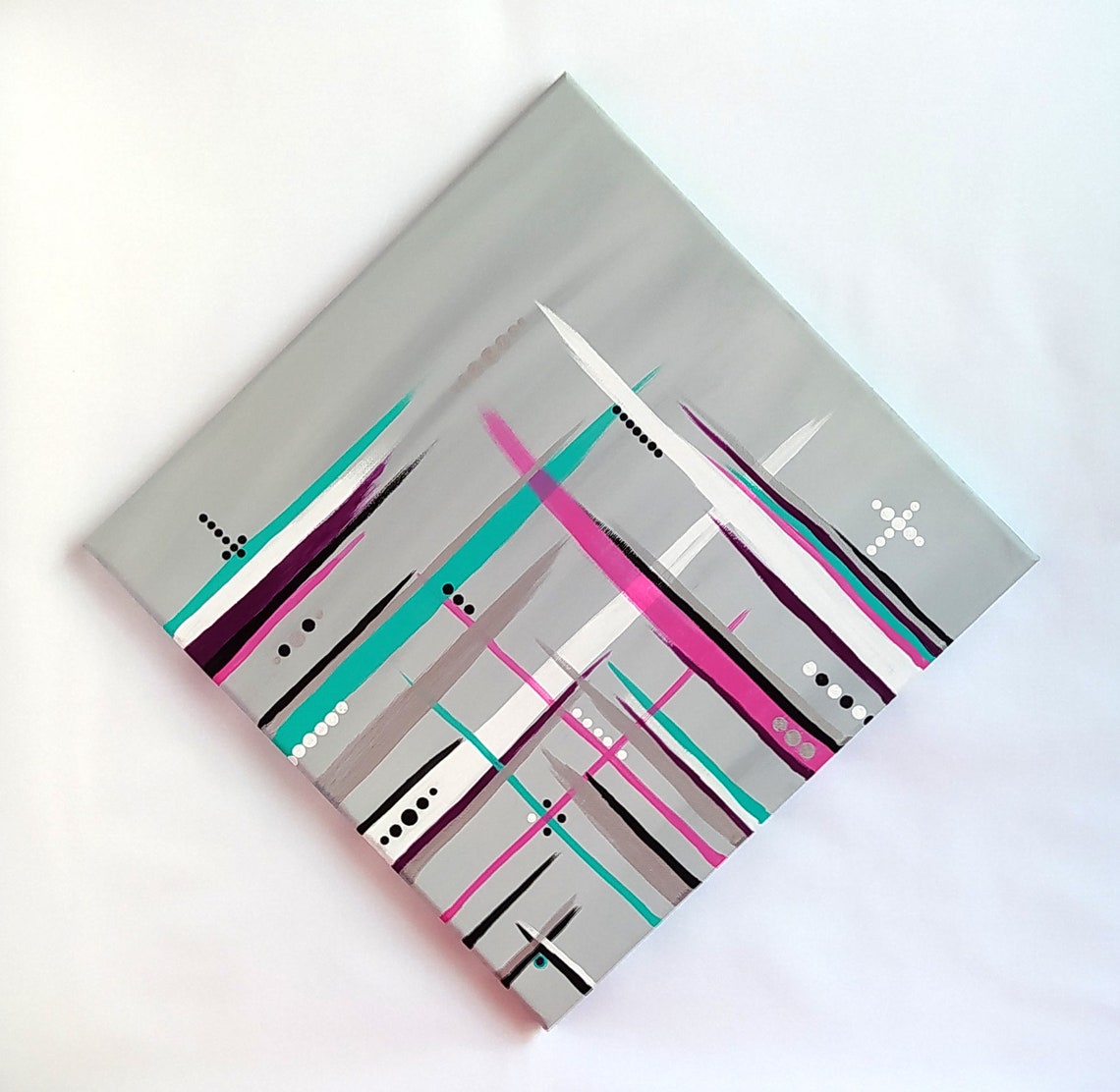 Gray Diamond Abstract Teal Pink White Lines Modern Geometric Wall Art