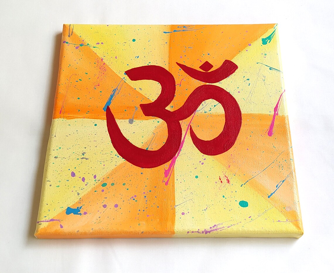 Red Om Aum Symbol Yellow Orange Abstract Splatter Zen Meditation Wall Art - Image 2