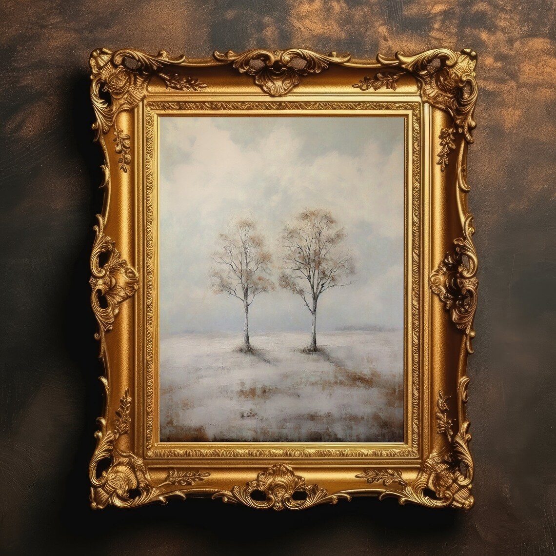 Two Birch Trees In Snow Minimal Winter Landscape Vintage Painting Wall Art