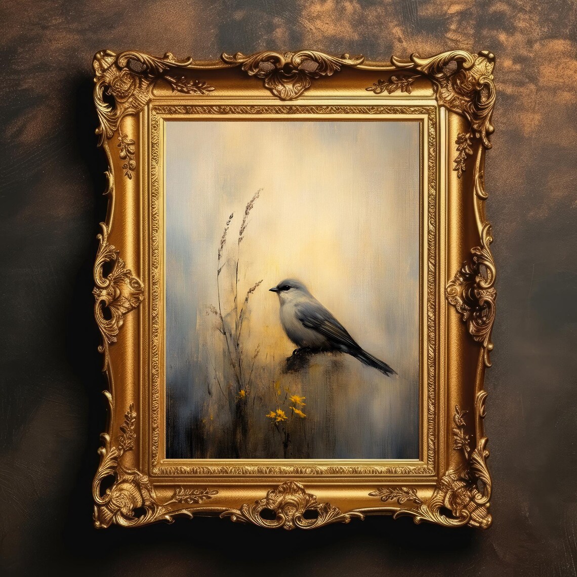 Gray Songbird with Yellow Wildflowers Gold Frame Moody Painting Poster