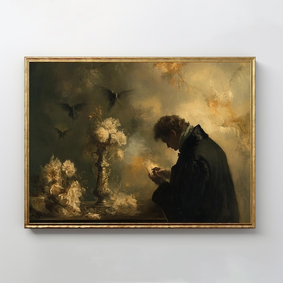 Dark Romanticism Cloaked Figure Flowers Ravens Oil Painting Print