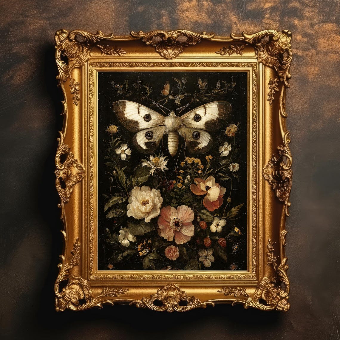 Moth Among Dark Florals Still Life Gothic Oil Painting Print