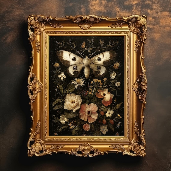 Moth Among Dark Florals Still Life Gothic Oil Painting Print