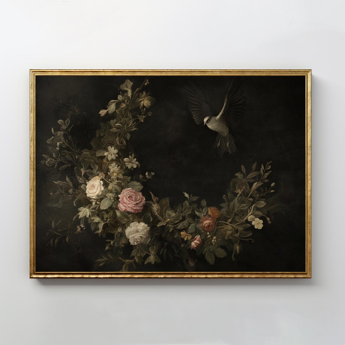 Dark Botanical Bird Flying Over Rose Garland Oil Painting Print