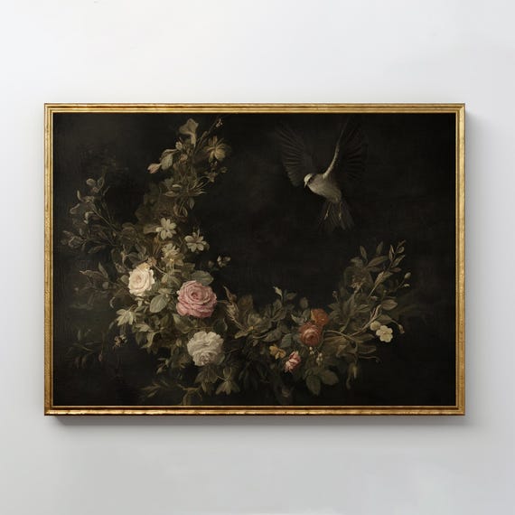 Dark Botanical Bird Art Print Academia Vintage Oil Painting Classical Still Life Moody Wall