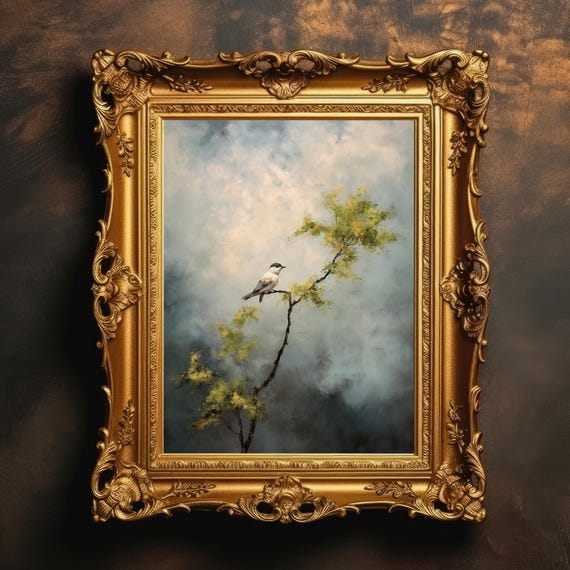 Spring Bird Vintage Tree Landscape Antique Oil Painting Ethereal Moody Wall Art Home Room Decor