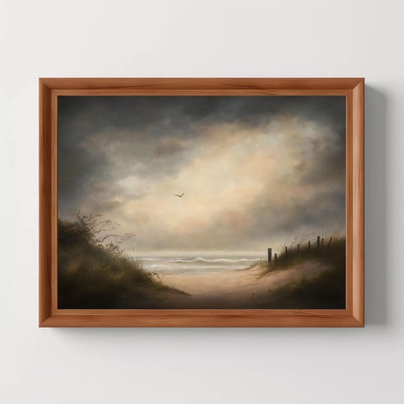 Moody Coastal Landscape Vintage Oil Painting Serene Beach Scene Stormy Ocean Wall Art Rustic Country Decor