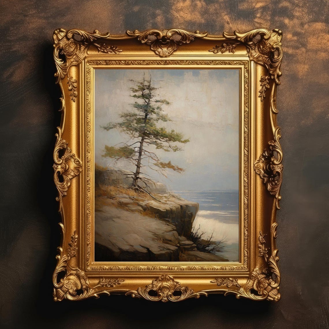 Lone Pine Tree Ocean Cliff Moody Vintage Seascape Oil Painting Print