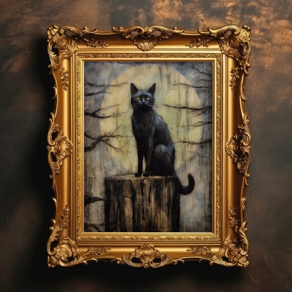 Black Cat Witchy Wall Art Print Vintage Dark Moody Decor Prints Gothic Victorian