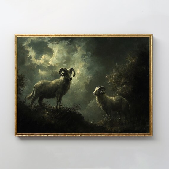 Majestic Rams At Dusk Vintage Dark Moody Wildlife Art Poster