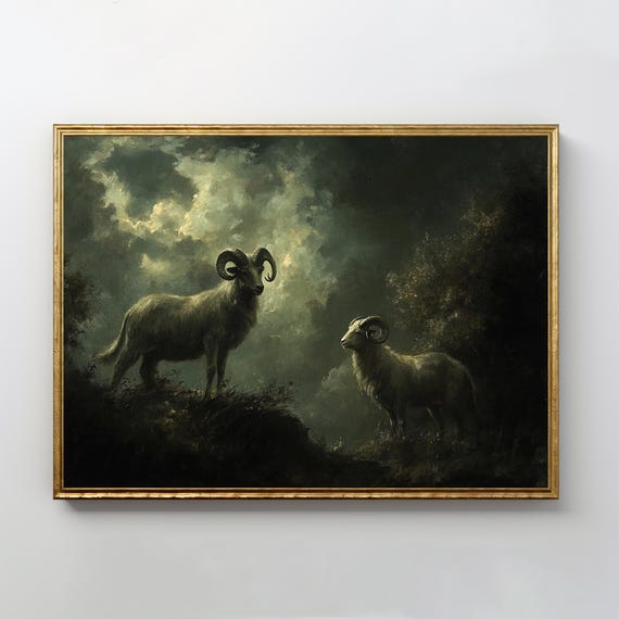 Majestic Rams Painting Vintage Wall Art Antique Gothic Decor Dark Academia